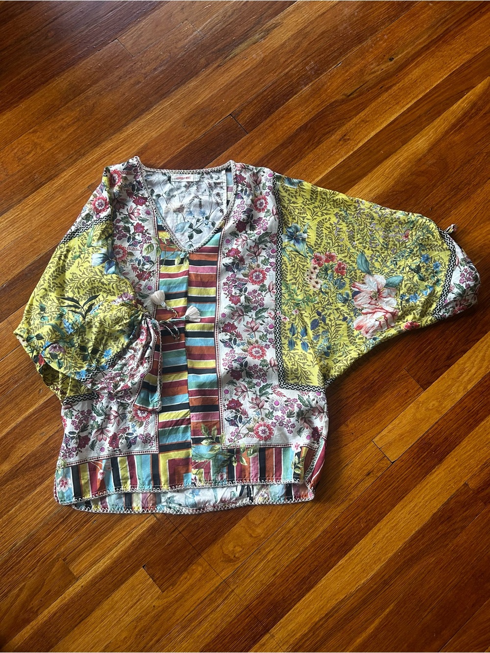 Johnny Was Cream Floral V-Neck 100% Silk Top with Pastel Blue & Yellow Flowers